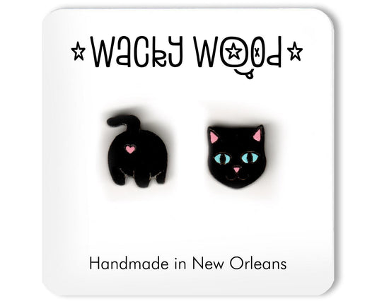 Black Cat Earrings, Stud Earrings, Novelty Earrings, Wooden Earring
