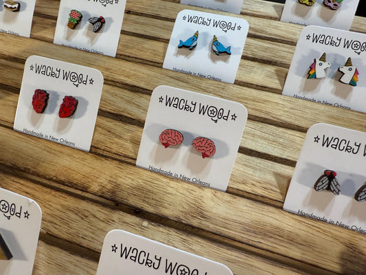 Brains Earrings, Stud Earrings, Novelty Earrings, Wooden Earring