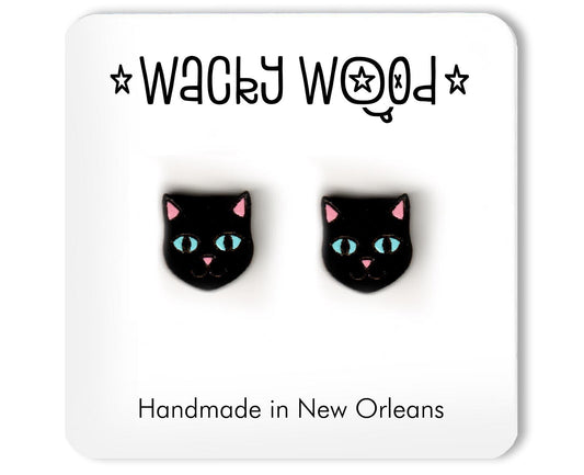 Black Cat Head Earrings, Stud Earrings, Novelty Earrings, Wooden Earring