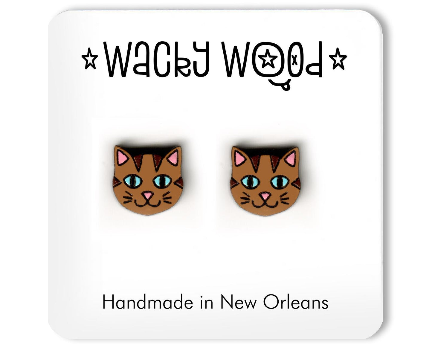 Brown Cat Head Earrings, Stud Earrings, Novelty Earrings, Wooden Earring