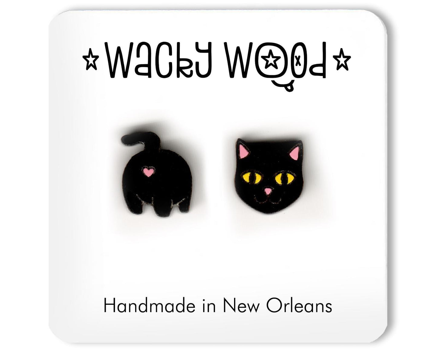 Black Cat Earrings, Stud Earrings, Novelty Earrings, Wooden Earring