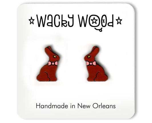 Chocolate Bunny Earrings, Fun Gift, Stud Earrings, Novelty Earrings, Wooden Earring