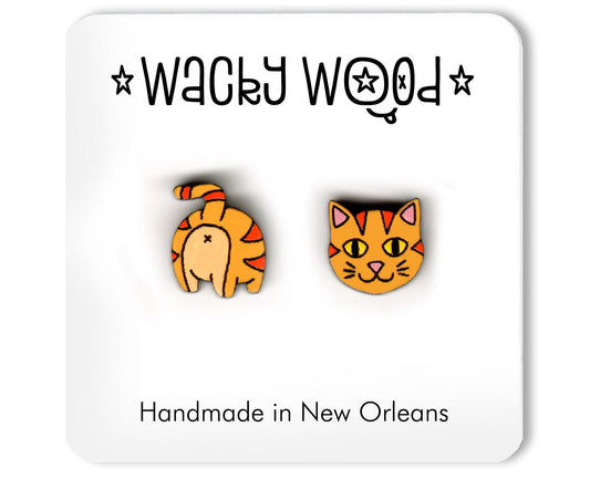 Orange Cat Earrings, Stud Earrings, Novelty Earrings, Wooden Earring