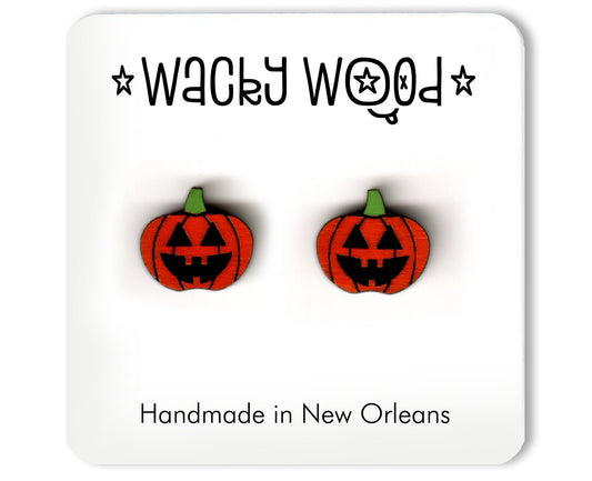 Jack O Lantern Earring, Halloween Earrings, Pumpkin, Fun Gift, Stud Earrings, Novelty Earrings, Wooden Earring