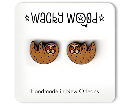 Sloth Earrings, Animal Earrings, Fun Gift, Stud Earrings, Novelty Earrings, Wooden Earring, outdoor gift