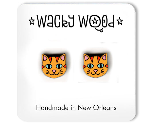 Orange Cat Head Earrings, Stud Earrings, Novelty Earrings, Wooden Earring