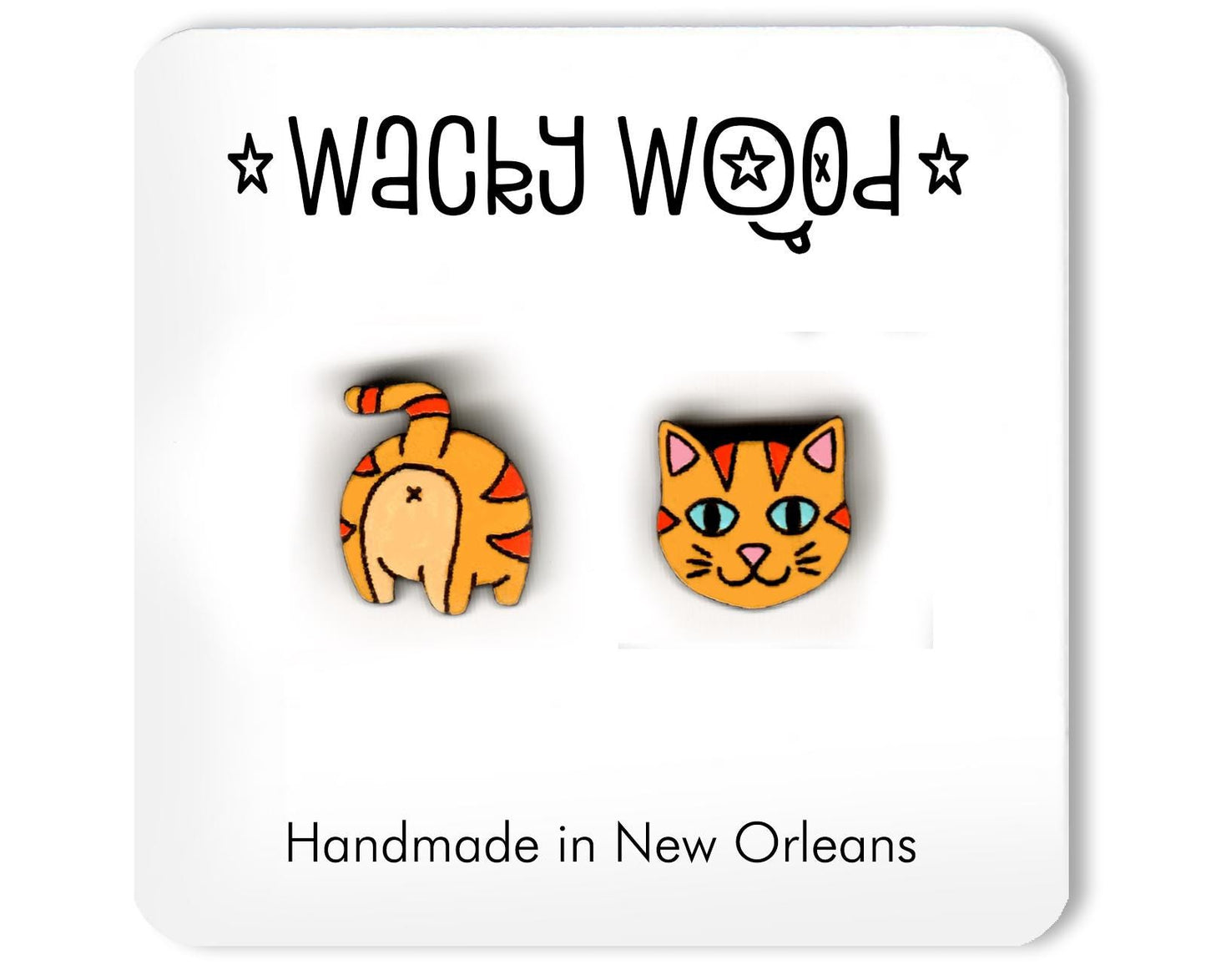 Orange Cat Earrings, Stud Earrings, Novelty Earrings, Wooden Earring