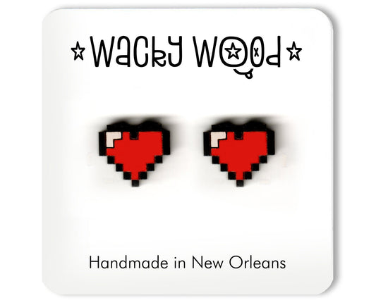 Pixel Heart Earrings, Gaming Earrings, Fun Gift, Stud Earrings, Novelty Earrings, Wooden Earring