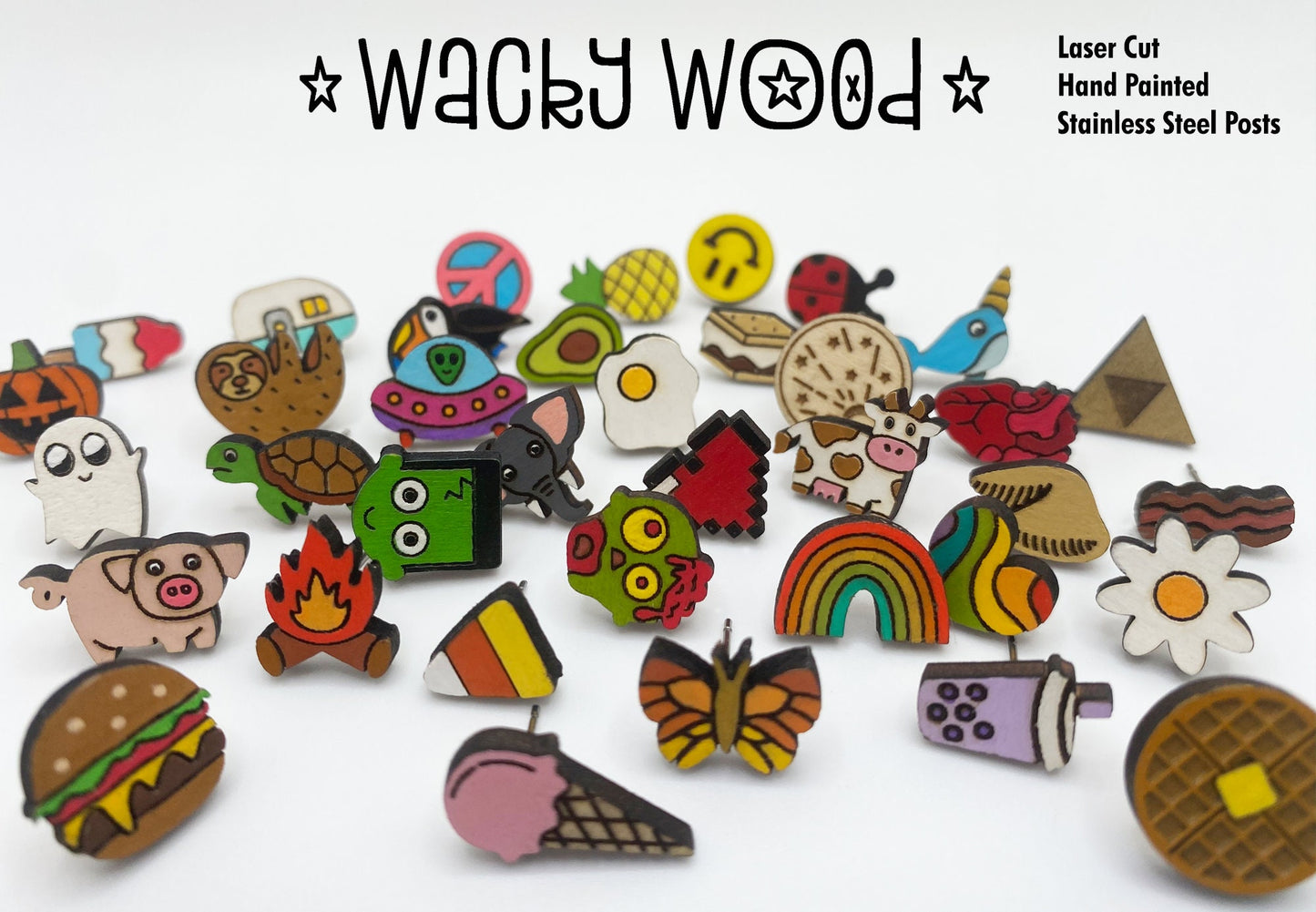 Happy Trees Earrings, Nature Earrings, Fun Gift, Stud Earrings, Novelty Earrings, Wooden Earring