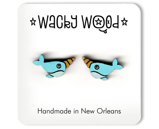 Narwhal Earrings, Animal Earrings, Cartoon Stud earring, Stud Earrings, Novelty Earrings, Wooden Earring