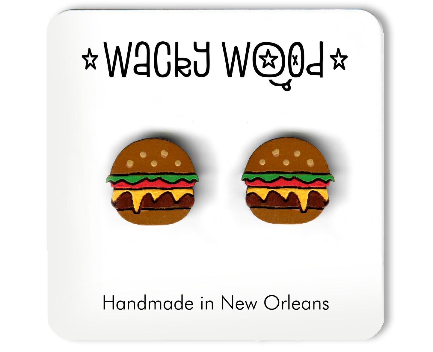 Hamburger Earrings, Cheeseburger Earrings, Food Earrings, Fun Gift, Stud Earrings, Novelty Earrings, Wooden Earring, Foodie gifts