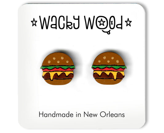 Hamburger Earrings, Cheeseburger Earrings, Food Earrings, Fun Gift, Stud Earrings, Novelty Earrings, Wooden Earring, Foodie gifts