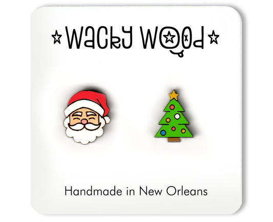 Santa earrings, Christmas tree earrings, Wooden Earring