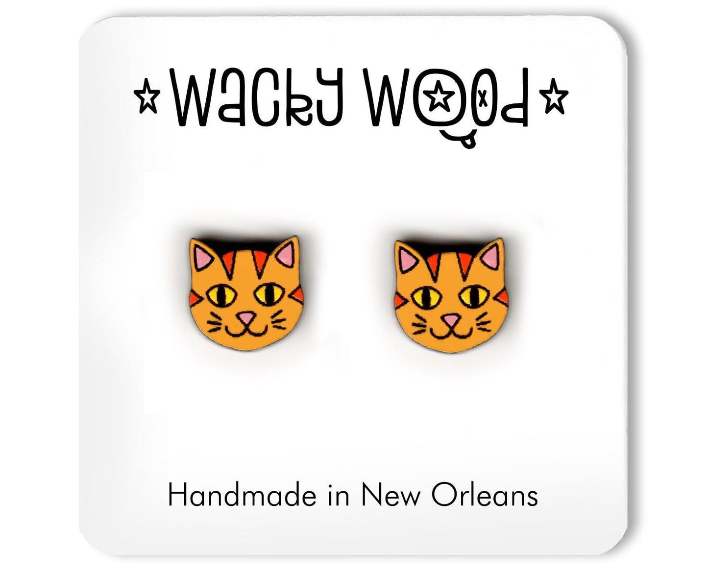 Orange Cat Head Earrings, Stud Earrings, Novelty Earrings, Wooden Earring