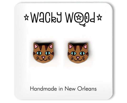 Brown Cat Head Earrings, Stud Earrings, Novelty Earrings, Wooden Earring