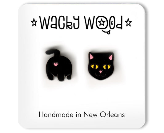 Black Cat Earrings, Stud Earrings, Novelty Earrings, Wooden Earring