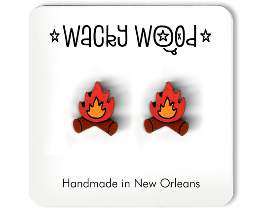 Campfire Earrings, Bonfire Studs, Camping Jewelry, Stud Earrings, Wooden Earring
