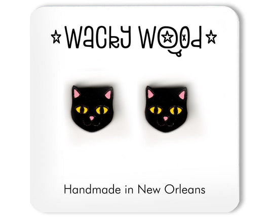 Black Cat Head Earrings, Stud Earrings, Novelty Earrings, Wooden Earring