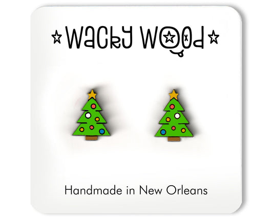 Christmas tree earrings, Fun Gift, Stud Earrings, Novelty Earrings, Wooden Earring